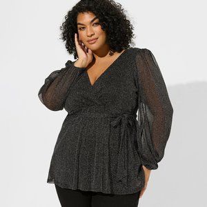 Torrid Knit Glitter Lurex Surplice Peplum Top in Black, Size 2x GUC